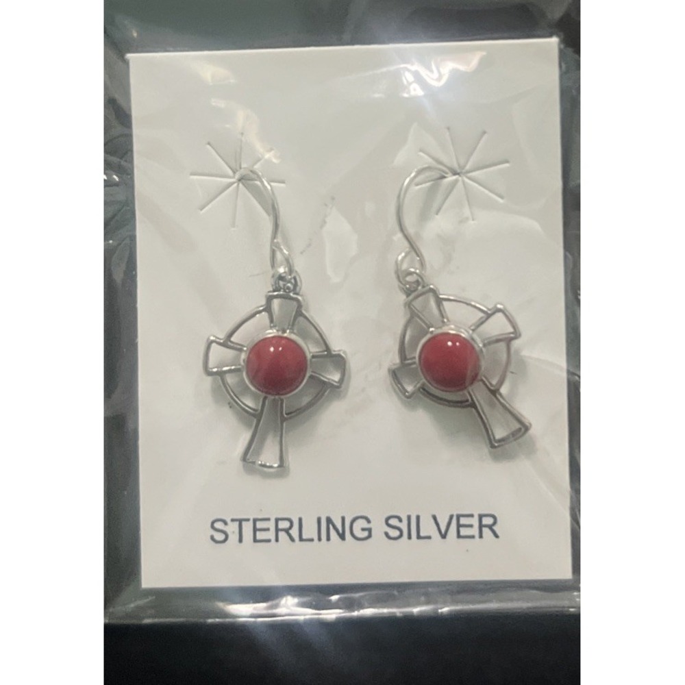 925 Sterling Silver Dangle Earrings Cross Design With Red Center New In Package